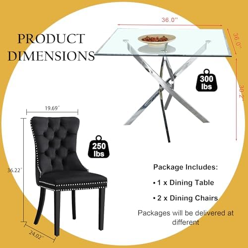 Square Glass Dining Table Set for 2, Modern 36" Glass Kitchen Table with...