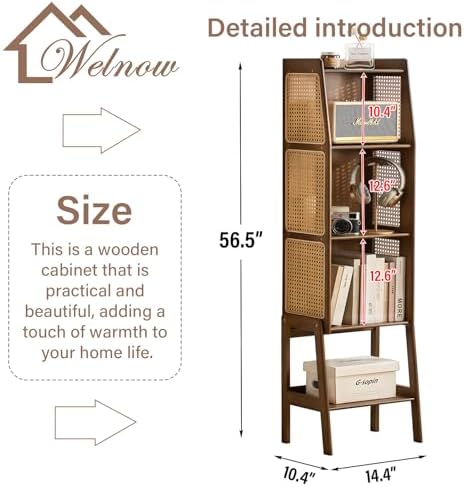 Welnow Bamboo Rattan Bookcase with Cabinet, 3-Tier Storage Shelf with Side Ta...