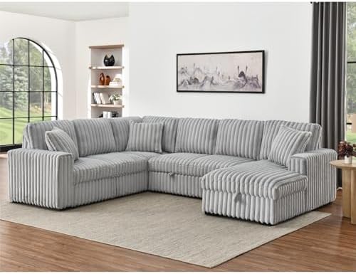 THSUPER 122-Inch Oversized U Shaped Plush Corduroy Fluffy Sectional Sleeper S...