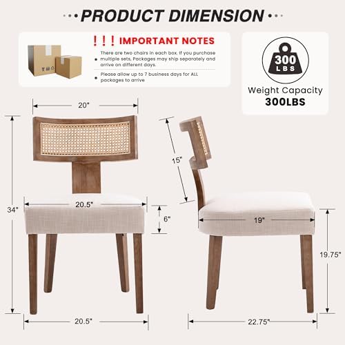 HNY Mid Century Modern Rattan Dining Chairs Set of 6, Linen Upholstered Kitch...