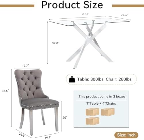 HomVent 52'' 5 Piece Rectangular Glass Dining Table Set for 4