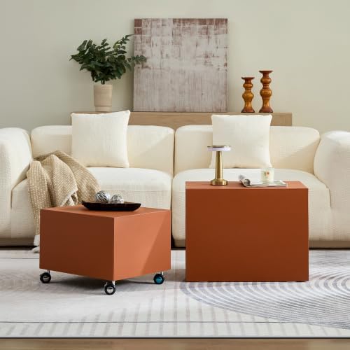 2-Piece Small Cube Side Table and Rolling Side Table Set | Modern Movable End...