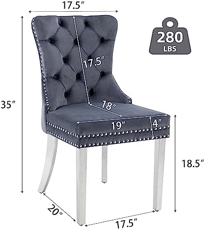 Velvet Dining Room Chairs Set of 2, Button Tufted, Silver Legs, Dark Gray