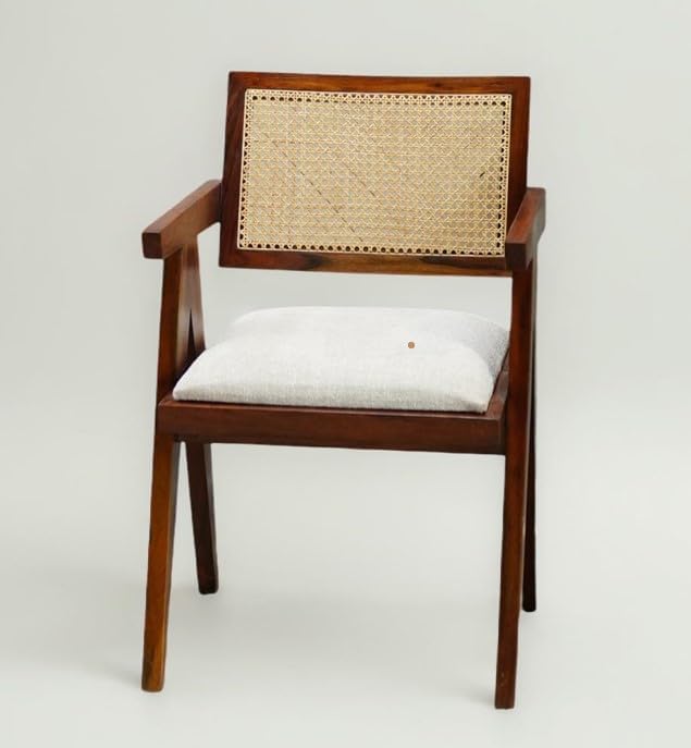 Solid Sheesham Wood Arm Chair with Cushion and Cane Back Support Chair Living...