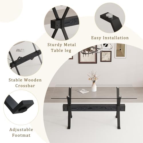 71" Glass Dining Table Set for 6｜Modern Dining Table Set for 6 with Faux Leather Chairs｜0.4" Thick Tempered Glass Tabletop｜Black Metal Legs with Black Crossbar｜Easy Assembly