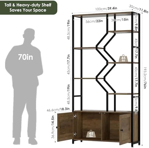 Keyluv 76" Tall Industrial Bookshelf with Storage Cabinet, Rustic Brown