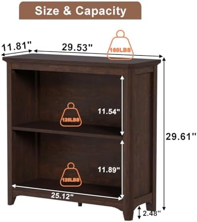 BON AUGURE Wooden Bookshelf, 2-Tier Curved Edge Bookcase, Brown Cherry