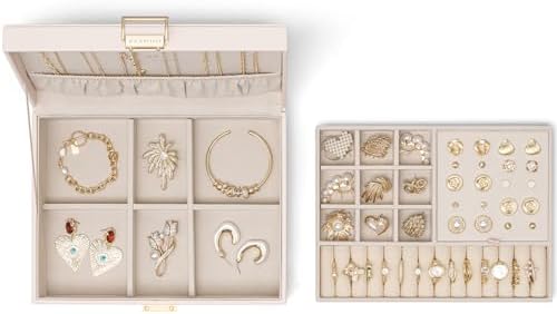 VLANDO Jewelry Box,2-Layer Design with Removable Tray,Apricot Pink | Removable Upper Tray Separates Rings and Earrings, Lower Space for Bracelets, Birthday Gift, Bedroom Dresser