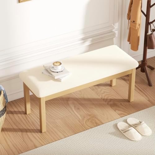 Upholstered Dining Bench Seat, Linen Entryway Benches with Wood Legs, Mid Cen...