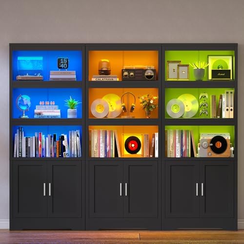 Book Shelf and Bookcase with Doors, 5-Tier Display Storage Cabinet with Adjus...