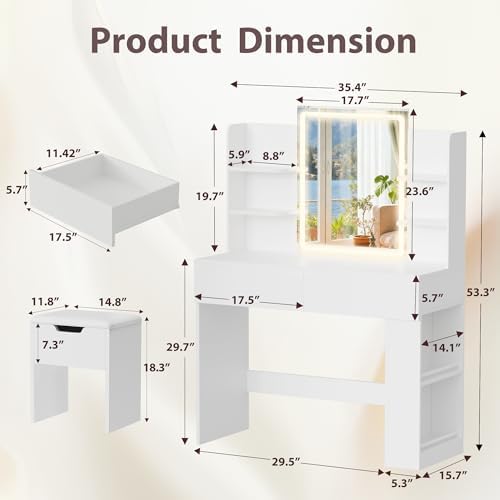 Furmax Vanity Desk with Mirror and LED Lights, White with Bench | Makeup Vani...