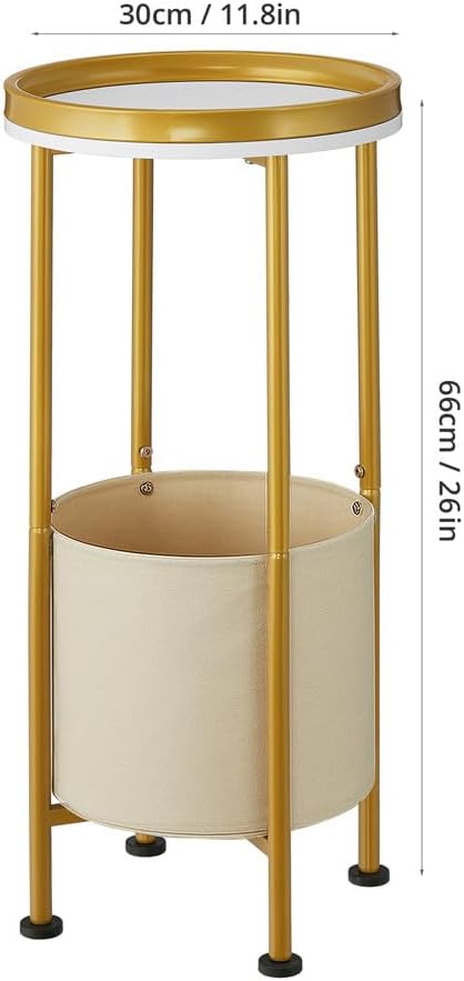 Small Round Side Table with Storage Basket, 2-Tier Round End Table for Living...