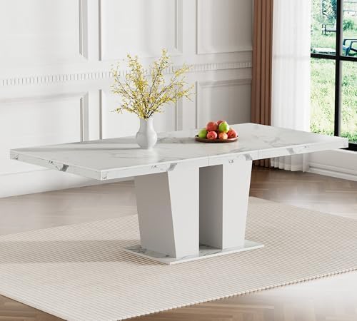 63"-78.74" White Faux Marble Extendable Dining Room Table Set for 6...