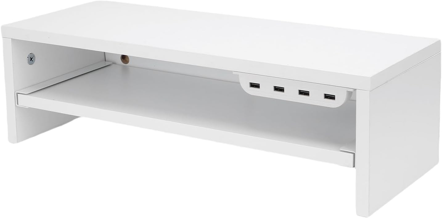 BAFOVY Desktop Monitor Stand Riser with USB Hub and Drawer, 20-Inch Wooden Desk Organizer for Laptop and Computer Screens, 15cm Height Adjustable Solution (Milk White)