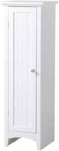 Pemberly Row 48" Tall 1-Door Kitchen Storage Pantry, Wood Construction, White Finish, 15" W x 15" D, Adjustable Shelves, Compact Design, Raised Panel Door, Brushed Aluminum Hardware