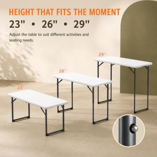 4FT Folding Table 3 Levels Adjustable Height, Heavy Duty Fold-in-Half Portabl...