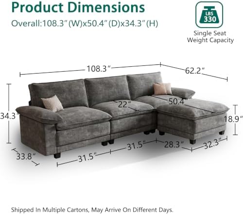 108" Modular Sectional Couch, L Shaped Cloud Sofa for Living Room | Comf...