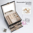 Women's Luxury Jewelry Armoire with Mirror - Compact 2-Drawer Chest with Ring Rolls & Necklace Hooks, Ideal Gift for Women Black