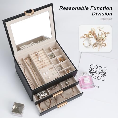 Women's Luxury Jewelry Armoire with Mirror - Compact 2-Drawer Chest with Ring Rolls & Necklace Hooks, Ideal Gift for Women Black