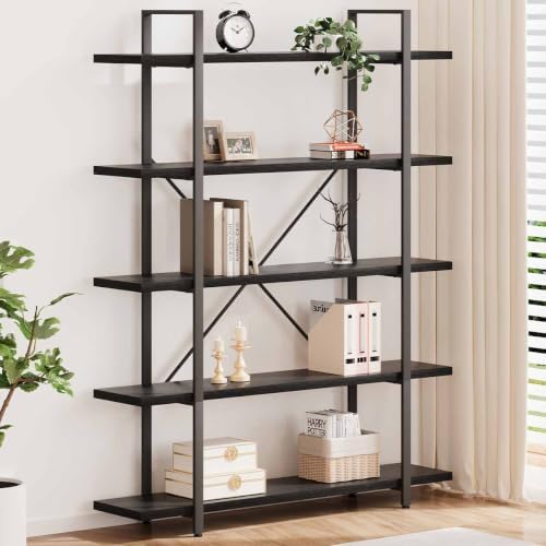 HSH 5 Tier Black Bookshelf, Modern Tall Bookcase with Storage for Office