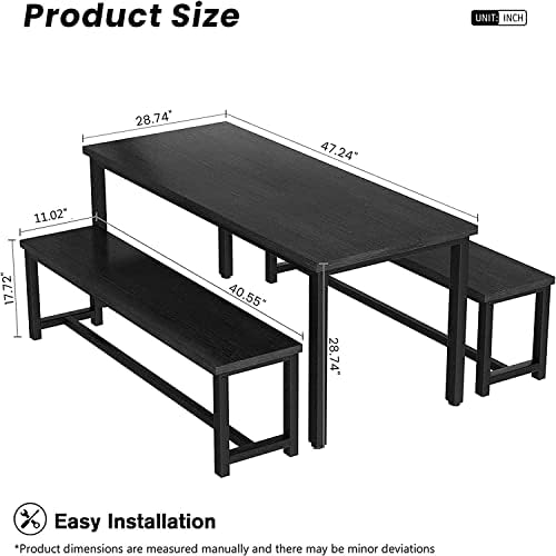 Dining Room Table Set with 2 Benches, Farmhouse Dining Table Set for 4-6, Woo...