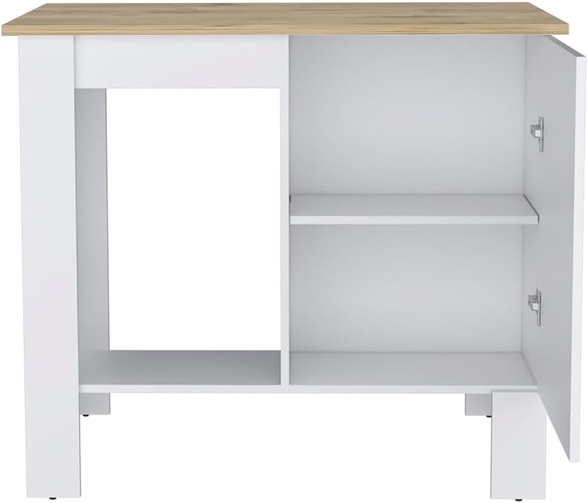 Modern White and Macadamia Kitchen Island with Single Door Cabinet Storage Sh...
