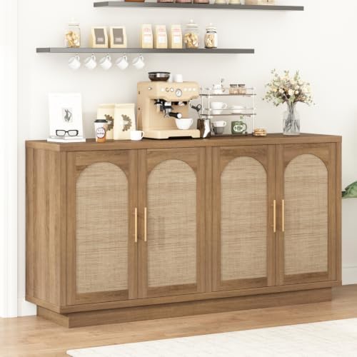 HOKYHOKY 59" Rattan Sideboard Buffet Cabinet with Storage, 4 Arched Doors