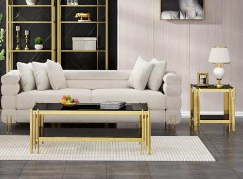 Modern Square End Table Black Glass Sofa Side Table with Gold Stainless Steel...