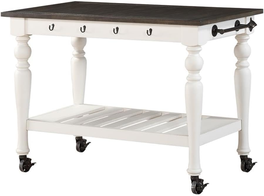 Pemberly Row Farmhouse Kitchen Cart, Two-Tone Ivory and Dark Oak Finish, MDF/...