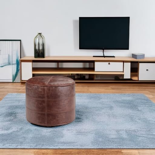 SIMPLIHOME Connor 18" Wide Round Pouf in Distressed Brown Genuine Leathe...