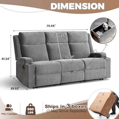 Chenille Reclining Sofa 3-Seater with Convertible Table, Storage Ottoman &amp...