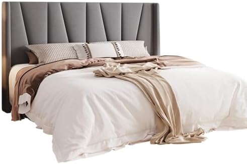 Allewie King Size Platform Velvet Bed Frame with Geometric Wingback Headboard...
