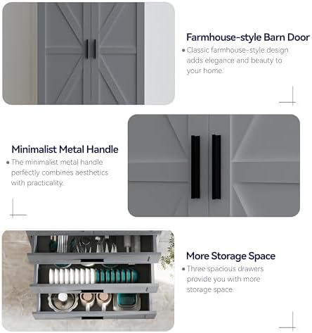 FJTJBSI 72" LED Kitchen Pantry Cabinet with 3 Drawers Farmhouse Tall Sto...