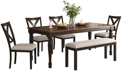 AMERLIFE 6 Piece Farmhouse Dining Set with 71" Solid Wood Table, Brown