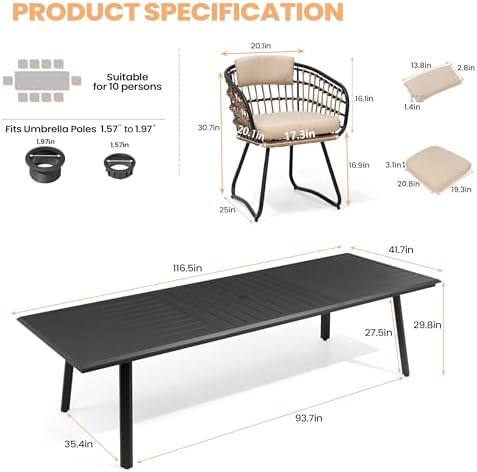 Pellebant 11 Piece Outdoor Dining Set for 10, Aluminum Table & Wicker Chair