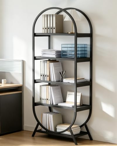 Bookshelf Arched Bookcase, Industrial 5 Tier Open Book Shelves with Metal Fra...