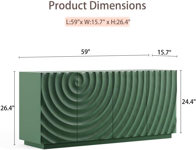 Sideboard Buffet Cabinet, 59"Green Accent Cabinet with 4 Doors, Mid Cent...