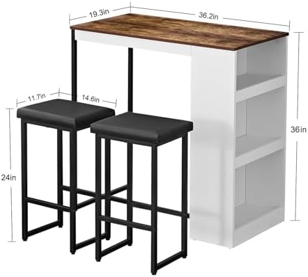 Panana 3 Piece Dining Table Set Kitchen Bar Table with Two Stool Storage Shel...