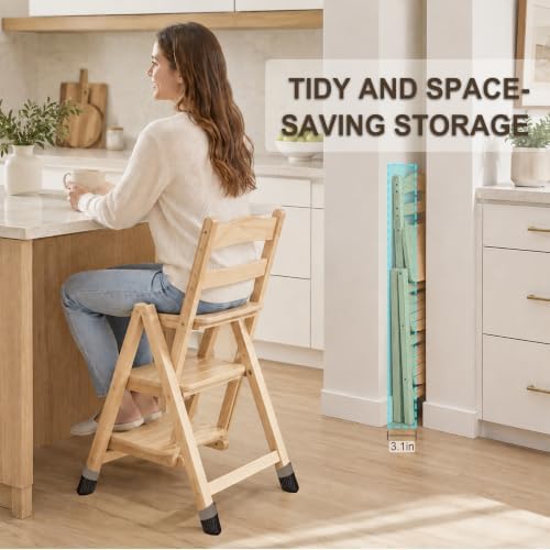 Folding Bar Stool, 3 Step Portable Adults Solid Wood Ladder Stool, Wood