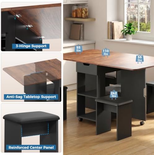 Mondeer 55" Folding Dining Table and Chairs Set 4, Cushioned Stools