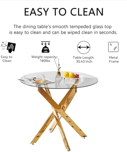 36" Modern Gold Glass Dining Room Table Set for 4, 5-Piece Round Kitchen...