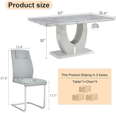 63" Faux Marble Dining Table Set for 4, 5-Piece Rectangular Kitchen Tabl...