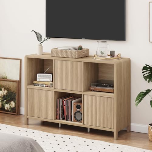 FATORRI 6 Cube Horizontal Bookshelf with 3 Doors, Modern Wood Book Shelf with...