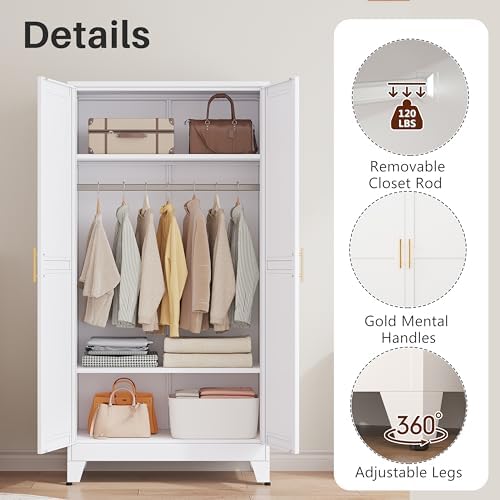 Metal Armoire Wardrobe Closet, 71" Clothing Storage Cabinet with Mirror