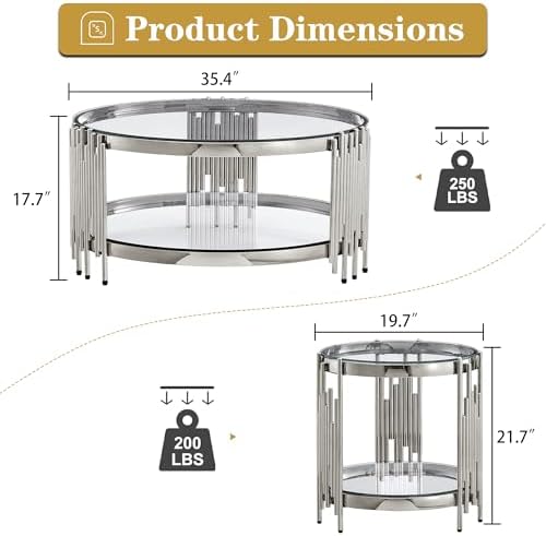 Round Glass Coffee Table Set of 3, Silver and Clear Modern Living Room Table ...