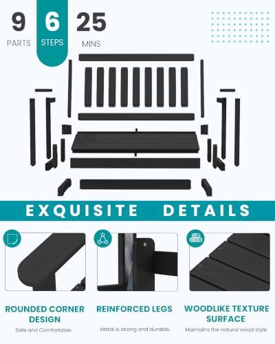 SERWALL 2 Person Patio Glider Bench, HDPE All Weather Swinging Bench, Black