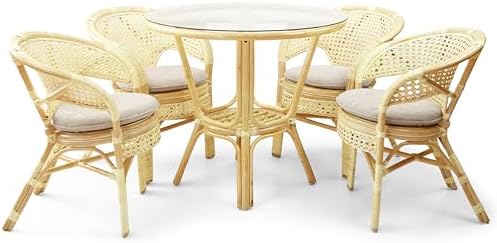 Set of 4 Pelangi Handmade Rattan Dining Wicker Chairs Natural Color w/Cream C...