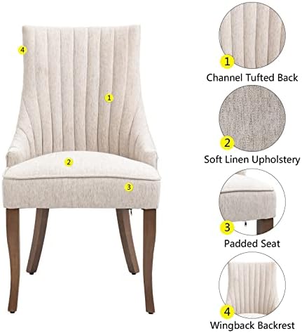 mikibama Linen Dining Chairs Set of 2 Channel Tufted Kitchen Dinner Chair Com...