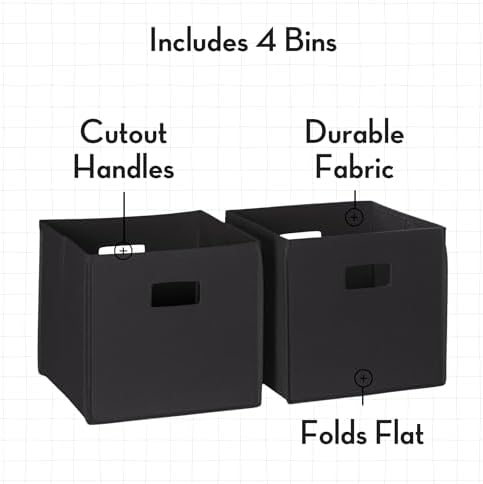 RiverRidge Folding Storage Bins - 4-pack of 10in Tall Black Cubes | Fabric Bins, Set of 4 Storage Cubes, Cut-out Handles, Playroom Closet Organizer, Collapsible Cubby with Bottom Board Insert