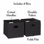 RiverRidge Folding Storage Bins - 4-pack of 10in Tall Black Cubes | Fabric Bins, Set of 4 Storage Cubes, Cut-out Handles, Playroom Closet Organizer, Collapsible Cubby with Bottom Board Insert